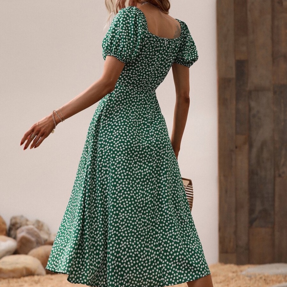 Red Boho Floral Print Puff Sleeve Slit Midi Dress - Picture 5 of 16